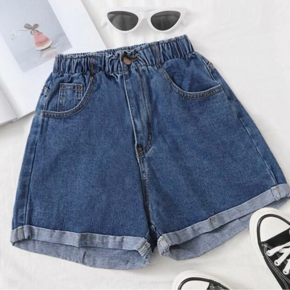 SHEIN denim shorts size small folded‎ hem elastic waist